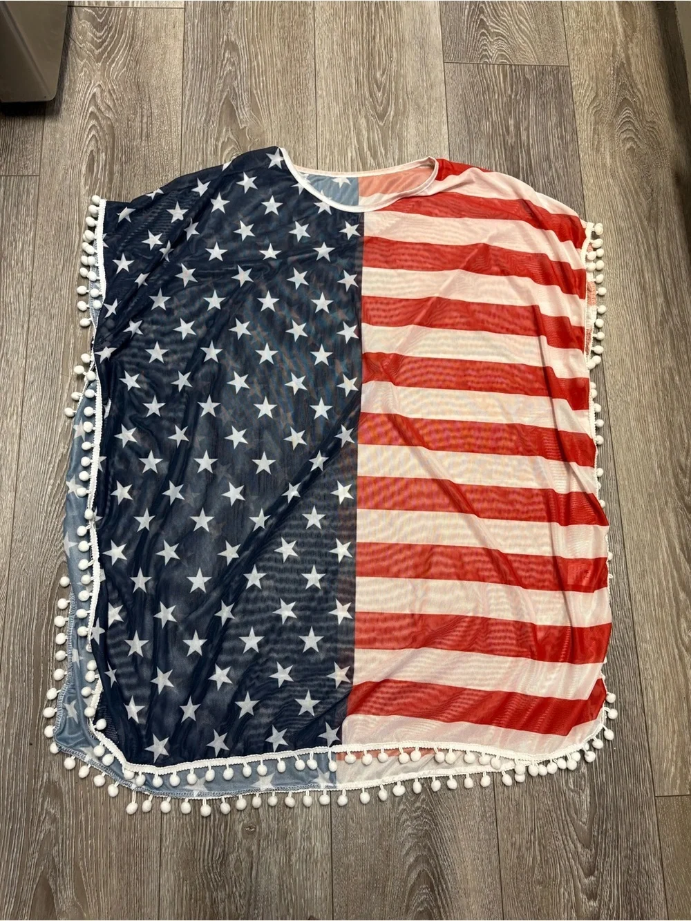 Patriotic Pom-Pom Swim Cover-Up Tunic, Red White Blue